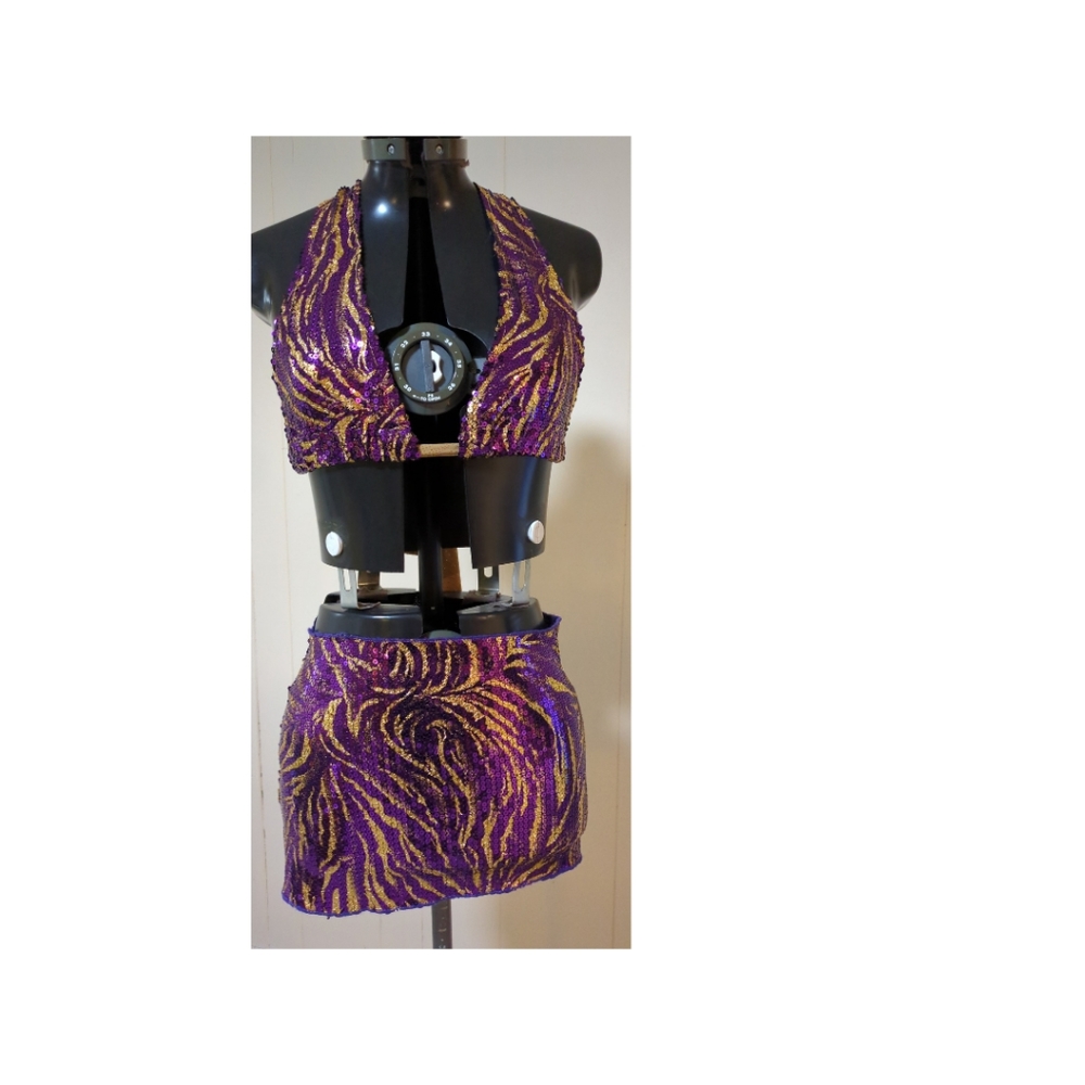 Hot purple&gold sequined bikini & miniskirt set, LSU, Lakers XS